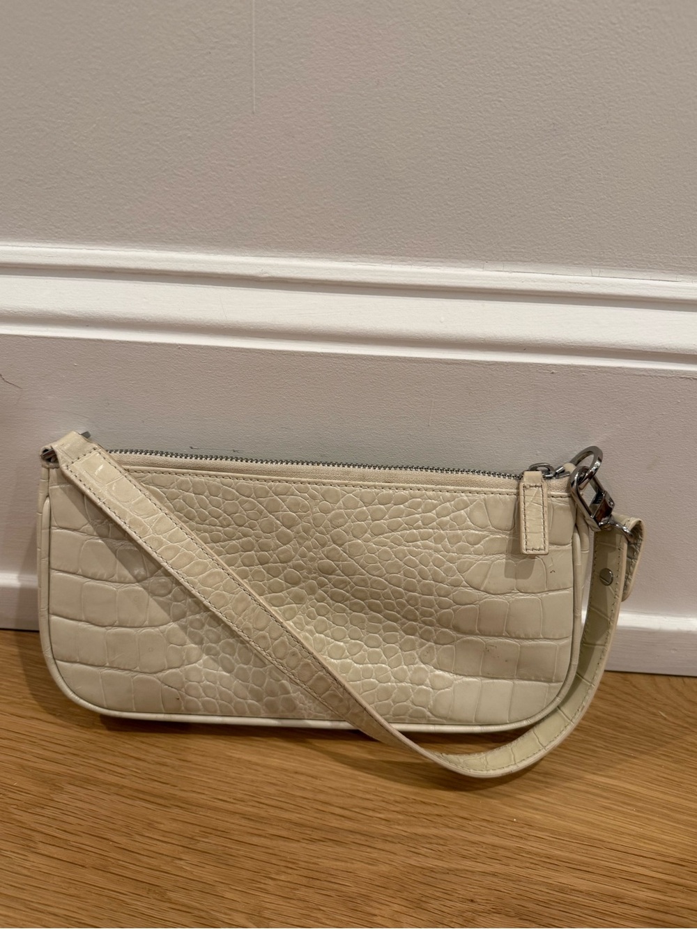 BY FAR Cream Croc-Embossed Shoulder Bag